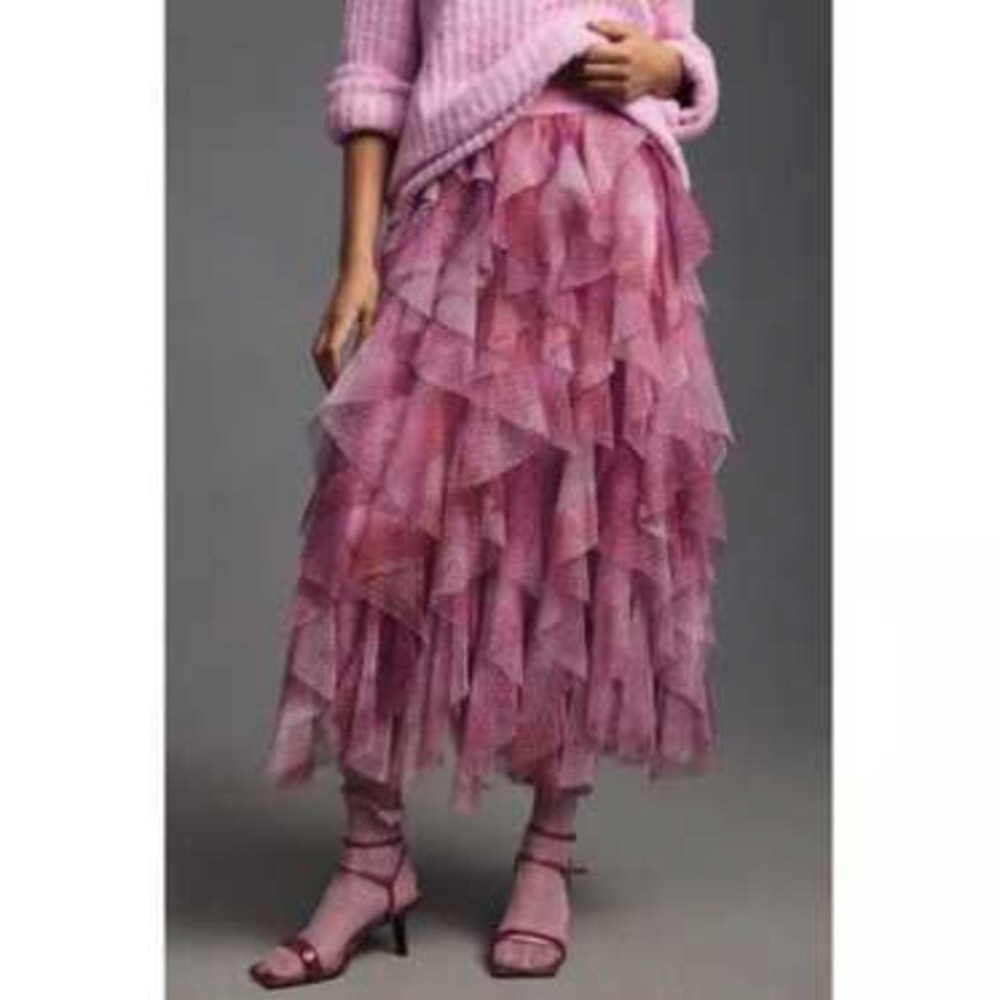 Anthropologie Cheri Ruffle Tulle Elastic Waist Midi Skirt Fairy Pink Medium